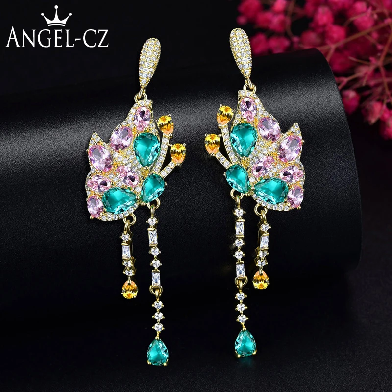 ANGELCZ Unique Butterfly Dangle Long Tassel Earrings Pave Pink Green Zircon Crystal Golden Jewelry for Women Dancing Party AE266