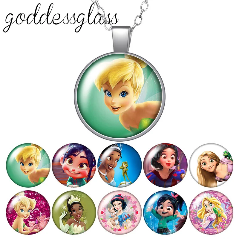 

Princesses Tinkerbell Tiana snow white Vanellope Girls Gift Glass glass cabochon silver plated/Crystal pendant necklace jewelry