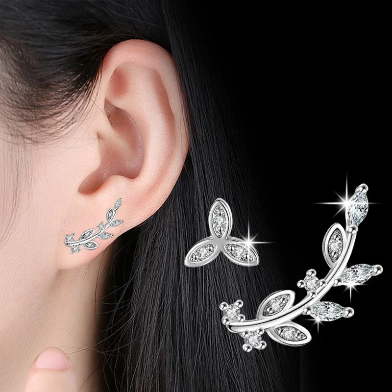 Fashion 925 Sterling Silver Asymmetrical Leaf Earrings For Women Wedding Jewelry Ladies S925 Crystal Earring Brincos Pendientes