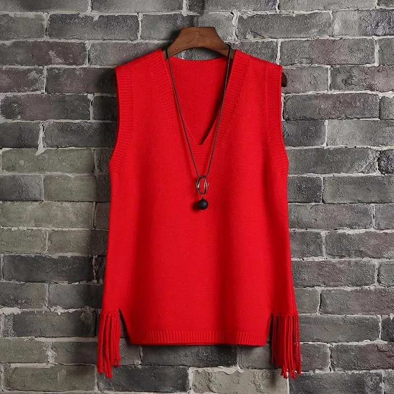 Suéter con cuello en V para mujer, chaleco informal holgado con flecos, Jersey de punto con cuello Halter, versión coreana de la naturaleza,