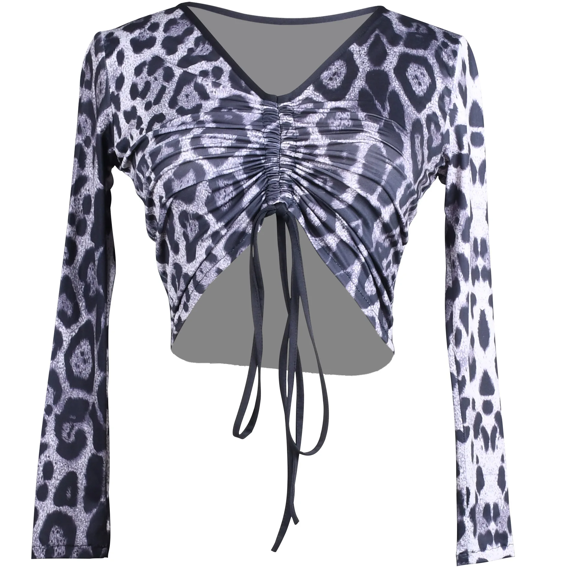 Adult Latin Dance Leopard Tops Woman Crop Top Pleated Modern Long Sleeve Modal Ballroom Chacha Samba Tango Dance Practice Wear