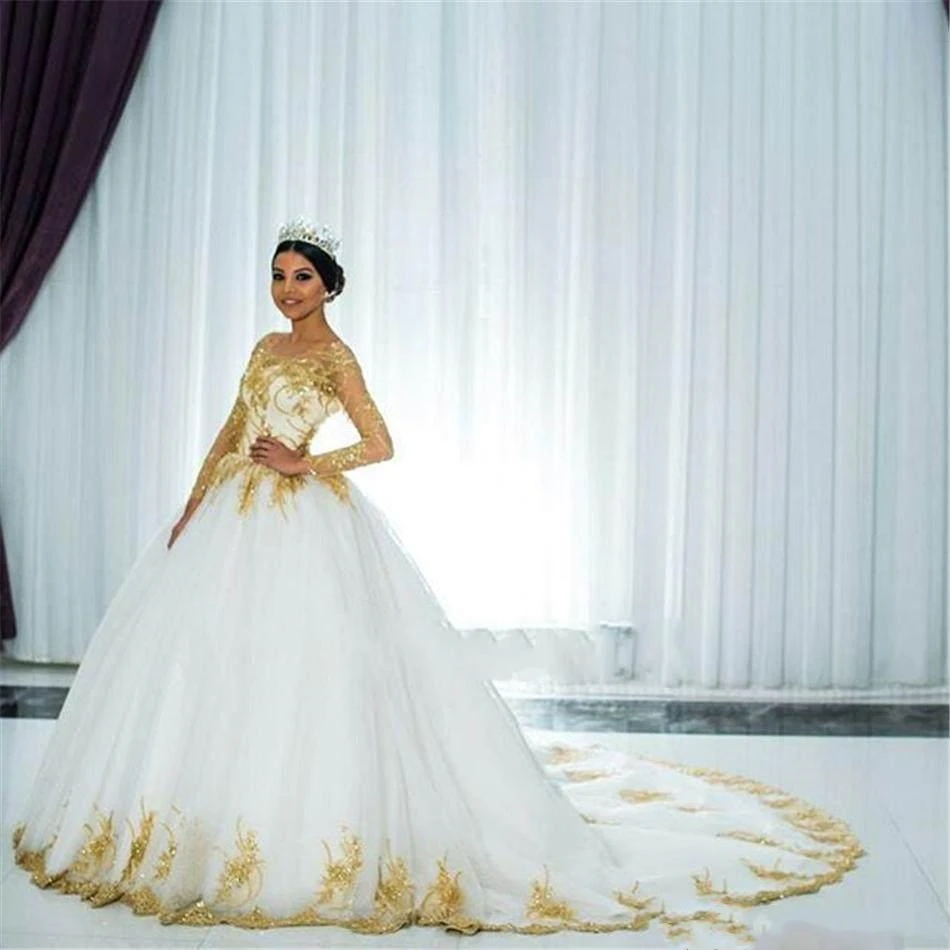 Saudi Arabië Baljurk Lange Mouw Trouwjurk 2023 Gouden Kant Applique Retro Lange Bridal Trouwjurken Vestidos De Novia