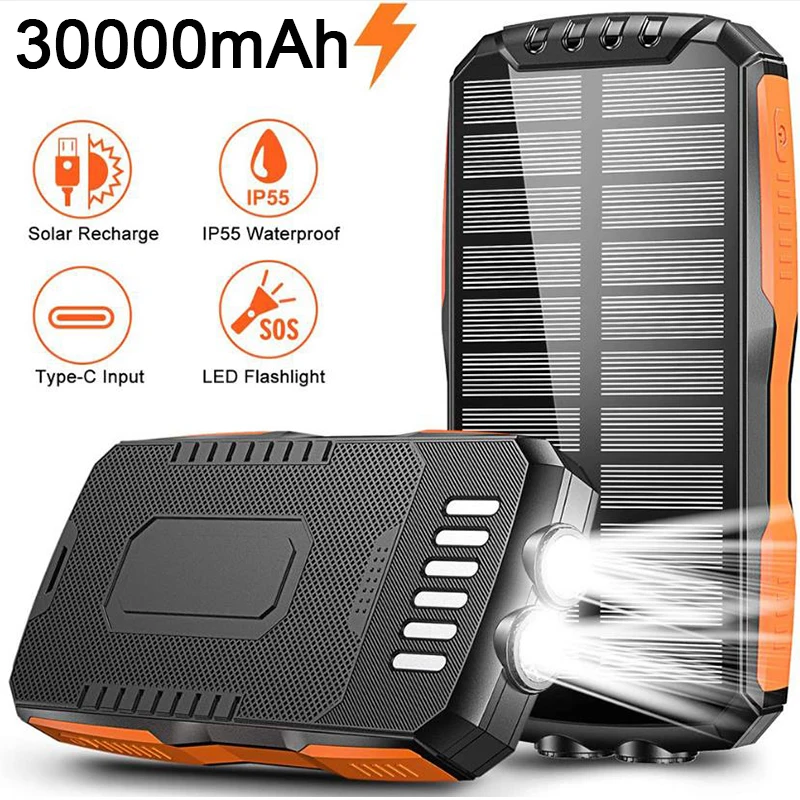 

Solar Power Bank, Portable Charger 30000mAh Dual 5V 2.1A USB Outputs 10W Wireless Charging Bank External Battery IPX5 Waterproof