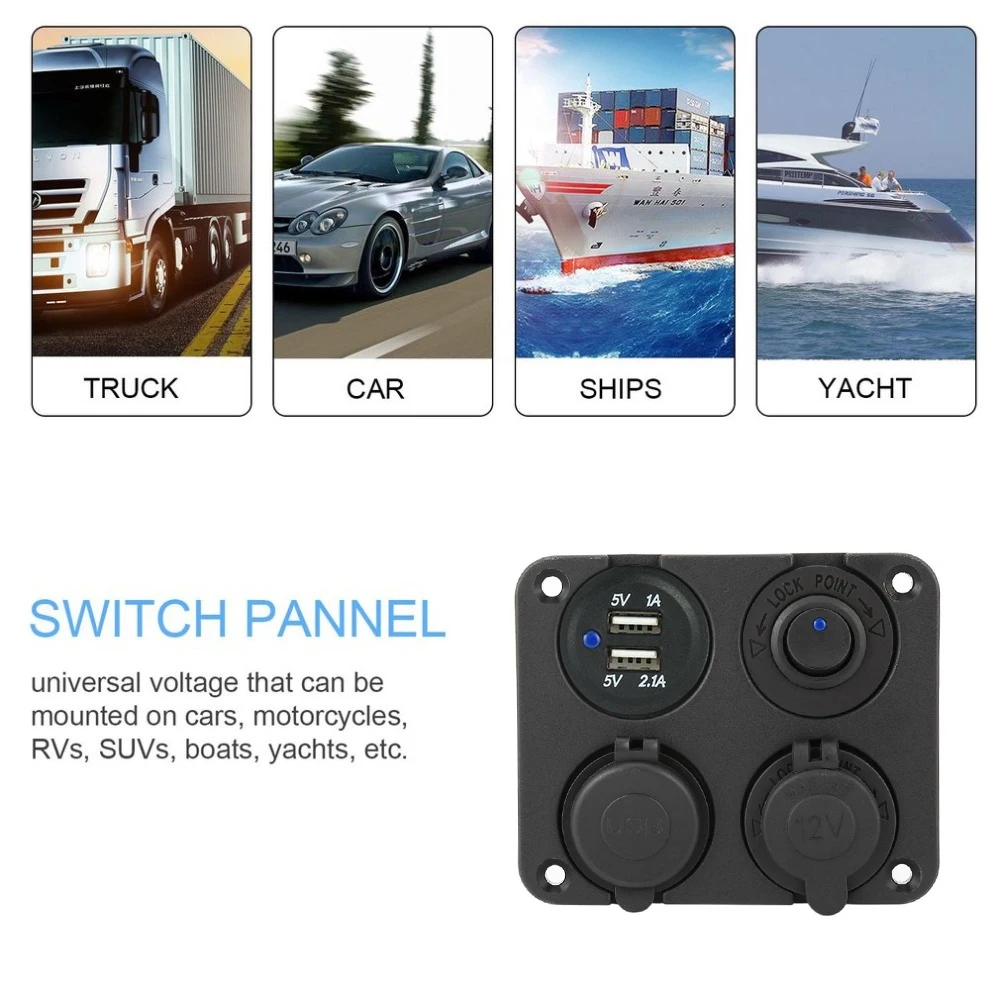 TIMOTRAS 12V 24V Power Socket Dual USB Ports Car Charger With LED Voltmeter Switch 4 In 1 Universal Auto Vehicle Boat Panel