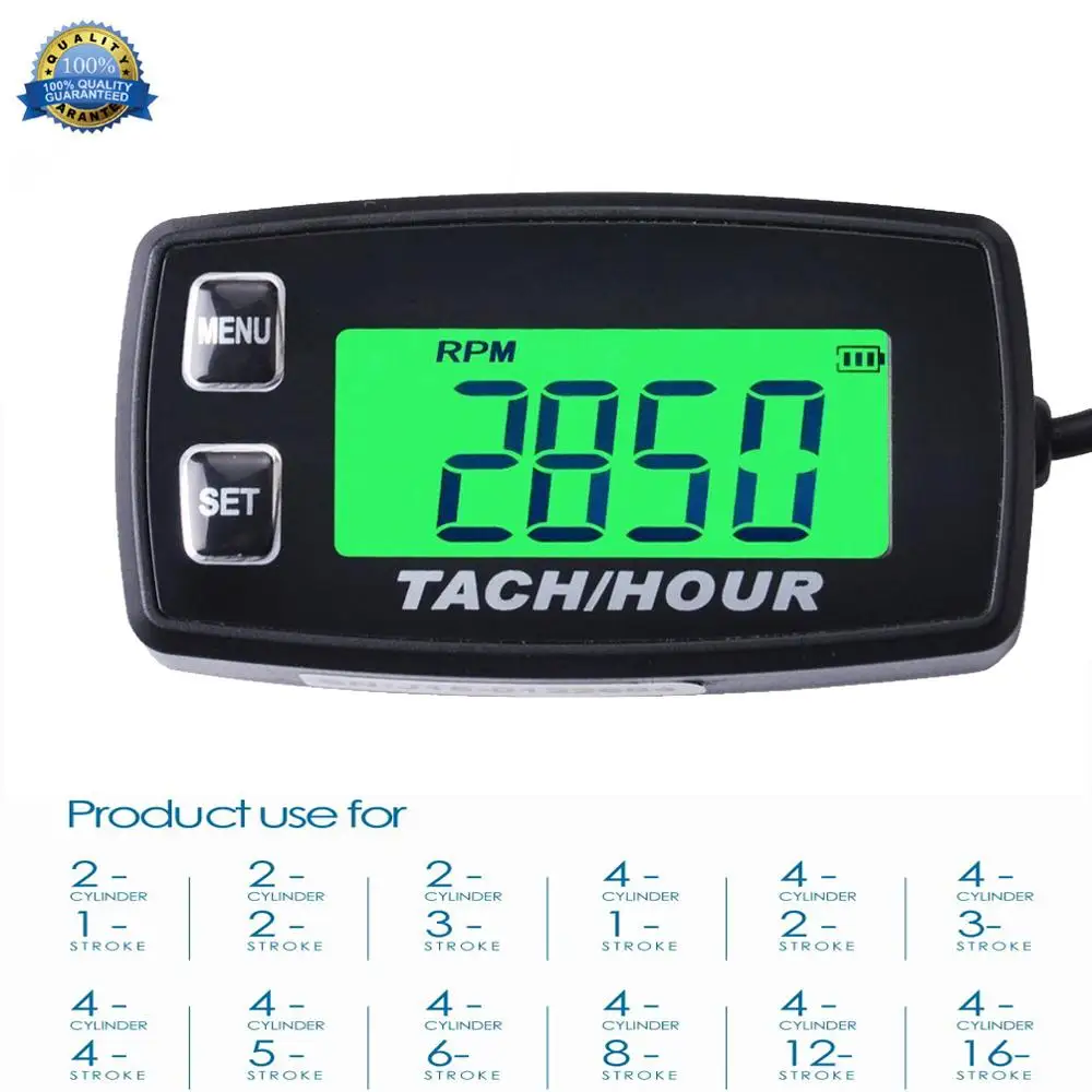 Engine Hour Meter Inductive Tachometer Gauge Backlit Digital Resettable for 2/4 Stroke Engines Motorcycle Marine Glider ATV