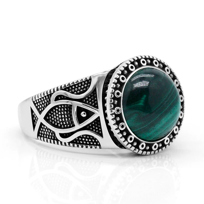 Natural stone pure 925 sterling silver antique Turkish ring, malachite men\'s agate color punk rock jewelry