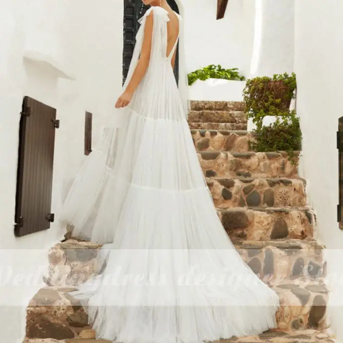 Boêmio tule laço boho vestido de casamento longo a linha sexy com decote em v vestidos de novia profundo voltar pérolas robe de mariee