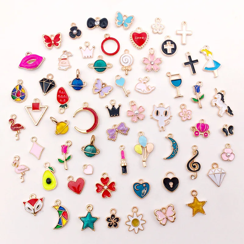 Mix 60pcs/pack Bow Plant Animal  Enamel Charms Gold Color Pendants DIY Jewelry Making Handmade Craft