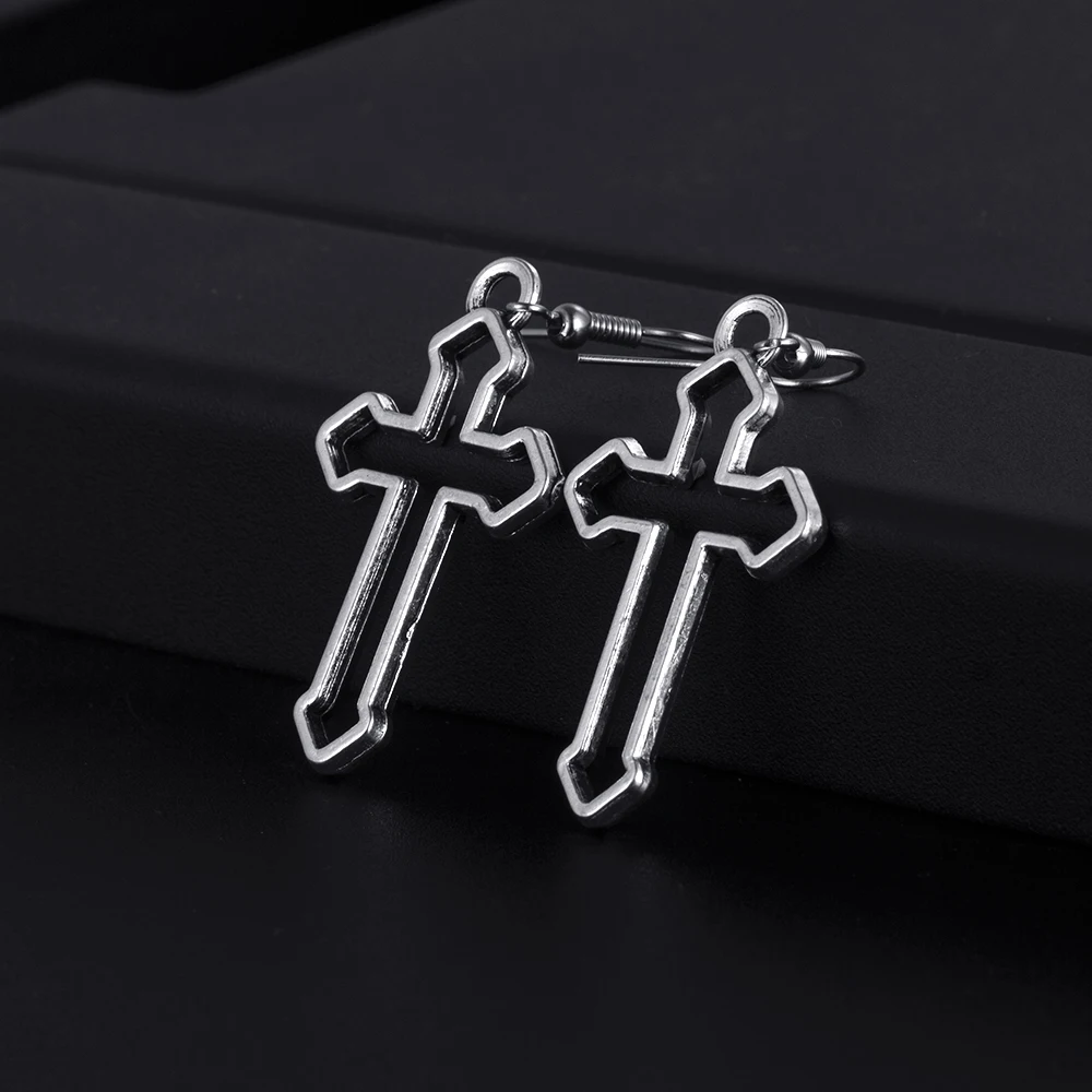 Trendy Vintage Cross Shape Dangle  Antique Silver Plated Earrings for Women Girl Retro Drop Earrings Cute Earring Jewelry Bijoux