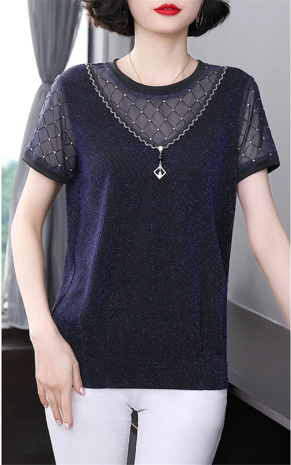 

Summer Women Net Yarn Splice Short Sleeve Blouse Round Neck Casual T-Shirts Women Fashion ​Elegant Black Top MM0411