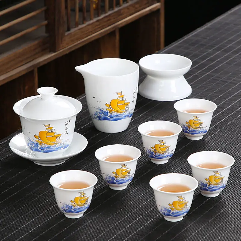 White Porcelain Cerami Complete Kung Fu Tea Set Set China Home Ceramic Tea Cover Bowl Tea Cup Office Light Luxury Gift Box