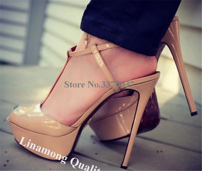 

Linamong Sexy Peep Toe Nude Patent Leather High Platform Stiletto Heel Sandals T-straps Cross Super High Heels Dress Shoes