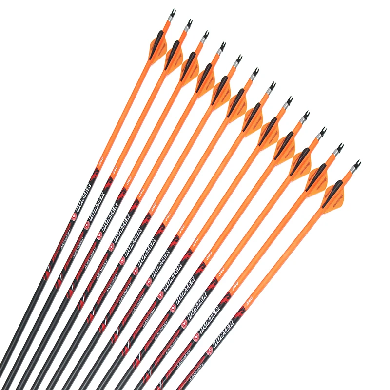 

12pcs Hunting Carbon Arrows Spine250 300 340 400 500 600 ID6.2mm 2" Plastic Vane 100grain Target Point Compound Bow