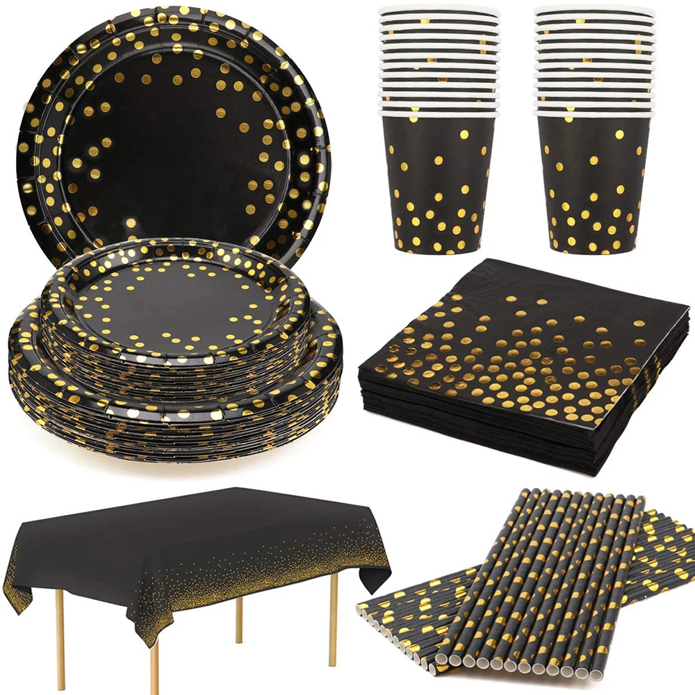 Wedding party Black Bronzing golden dots disposable tableware for birthday party decorations kids baby shower party supplies