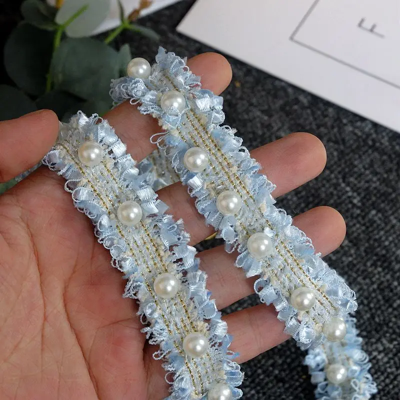 3 Yards Vintage Nylon Pearl Beaded Embroidered Lace Ribbon Trim African Lace Fabric Handmade Costume Dress Sewing Supplies