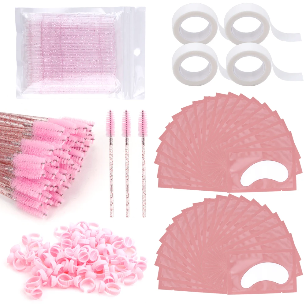 Kit d'extension de cils avec anneaux de colle, Micro brosse, patchs oculaires, baguettes de Mascara jetables, outils applicateurs