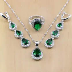 Water Drop Sterling Silver Jewelry Green Created Emerald White CZ Jewelry Sets Women Earrings/Pendant/Necklace/Rings T131