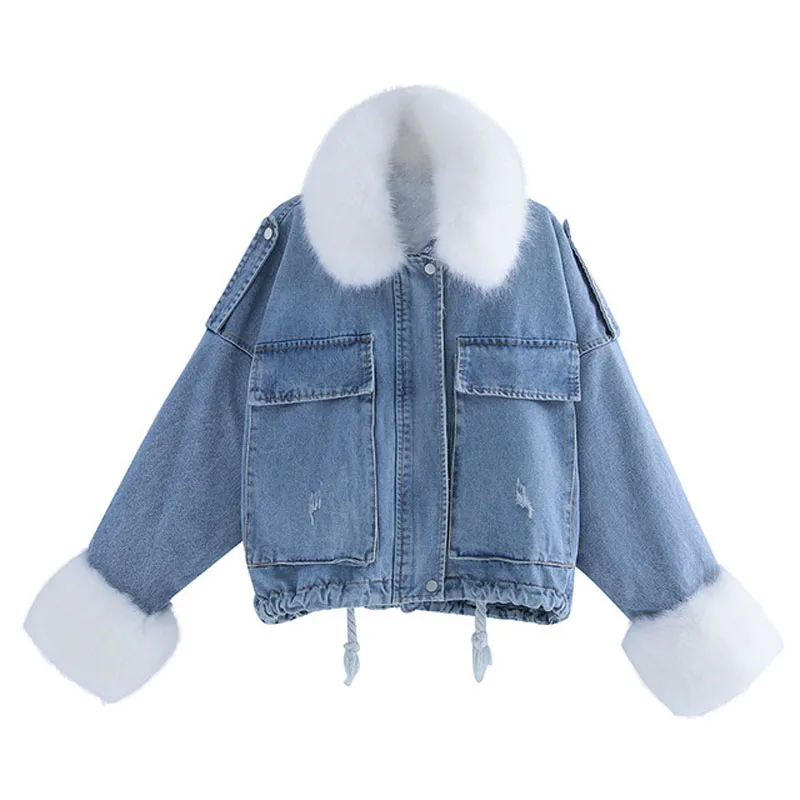 Pink White 2022 Winter Denim Jacket Women Soft Fur Liner Jeans Jacket Fur Collar Outwear Vintage Loose Thick Warm Jean Coat