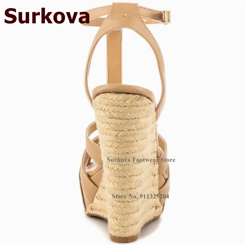 Surkova Rope Plaited Wedge Heel Sandals Platform Nude Matte Leather T-strap Dress Shoes Strappy Buckle Open Toe Nightclub Pumps