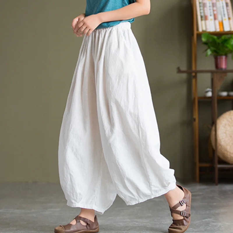 Women\'s Cotton Linen Baggy Cargo Pants  Vintage Elastic Waist Yoga Trousers Loose Casual  Long Wide Leg Slacks