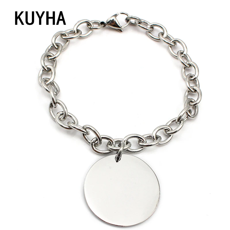 Kobiety modne bransoletki biżuteria akcesoria bransoletki Chain Link bransoletki z okrągłym grawerowanym Logo wycinane laserem/nazwa uroku wisiorek