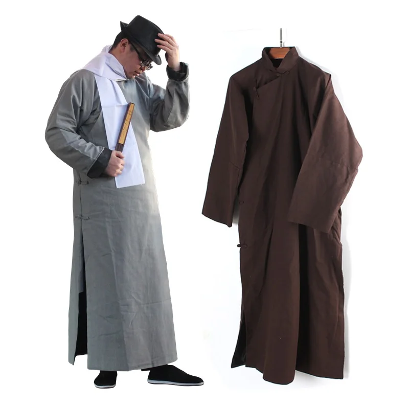 Cotton hemp long Robe Ancient China Traditional costume Chinese long gown crosstalk costume men mandarin performance Clothing