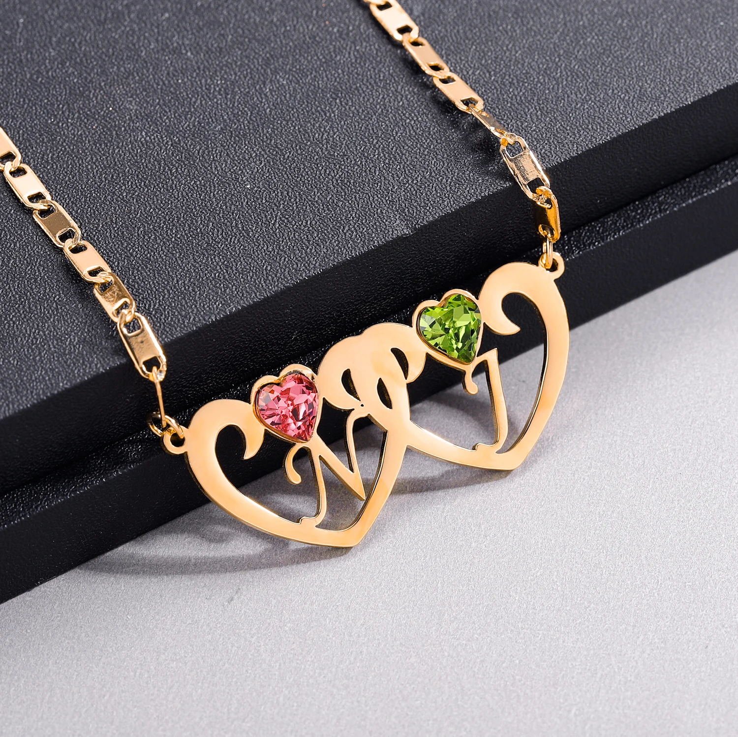 

Customized Double Heart Pendant Necklace 2 Birthstones Personalized Name Engraved Jewelry Couples Necklaces Customized Necklaces