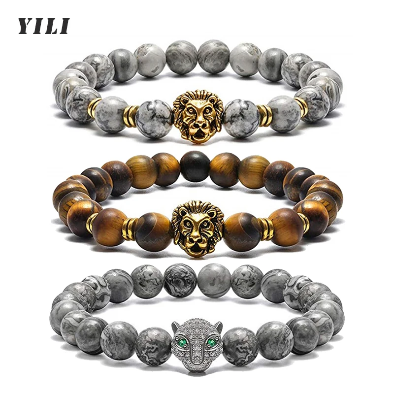 8MM Tiger Eye Bead Bracelet Leopard/Lion Head Bracelets Natural Stone Beaded Buddha Charm Bracelet for Men Jewelry Gifts
