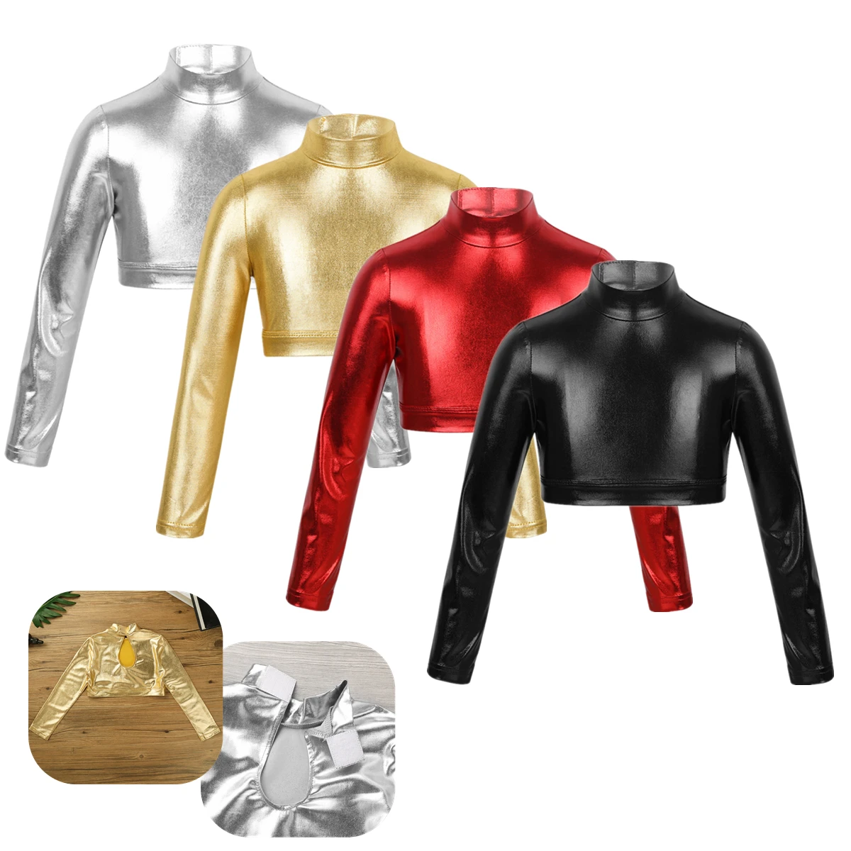 

Kids Girls Dancewear Mock Turtleneck Crop Top Metallic Shiny Long Sleeve Tank Top T-Shirt Dance Stage Performance Costume