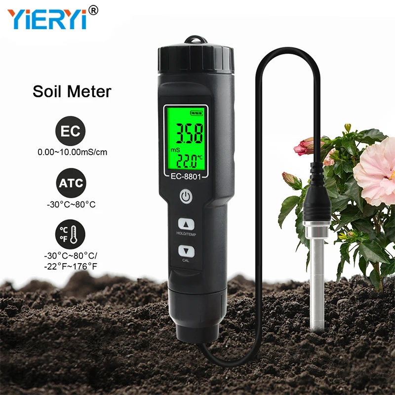 Digital EC/Temperature Soil Tester Meter Backlit LCD Display Removable Electrode Waterproof Measurement for Farm Garden Planting