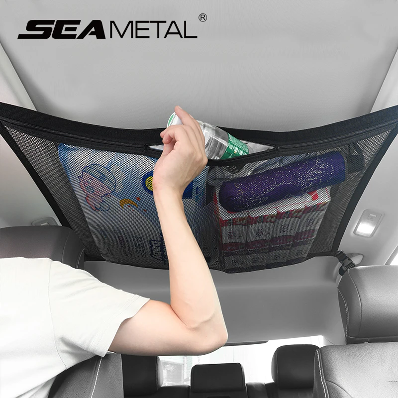 Ceiling Storage Net For Car Roof Organizer Mesh Adjustable Car Interior Cargo Storage Bag Pocket Double-Layer Mesh Net Accessori