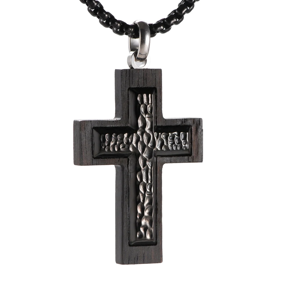 Men's Jewelry Ebony Wood Hammered Stainless Steel Cross Necklace Black Chain With Cross Pendant For Men Classic Men's Necklace