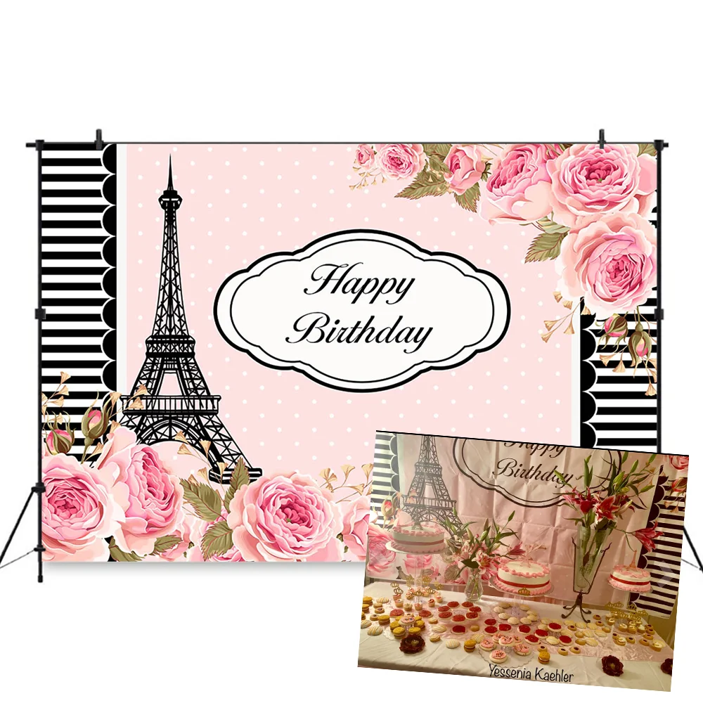 Happy Birthday Backdrop Paris Eiffel Tower Background Pink Flower Backdrops Girl Birthday Party Photography Background