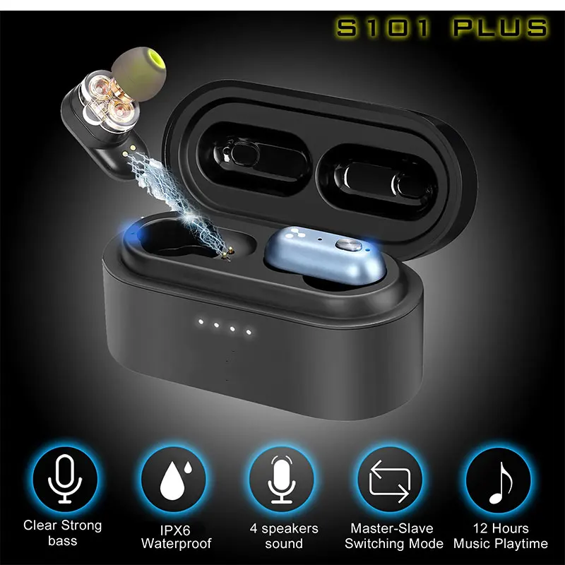 Original S101 plus TWS QCC3040 chip, 12 hours true wireless stereo earbuds, Bluetooth 5.2 earphones with charging compartment