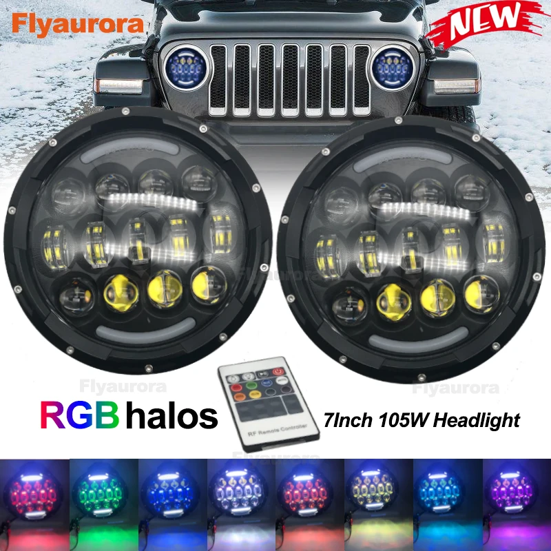 Flyaurora 2019 new RGB 105W RGB High/Low Beam Headlight - Plug And Play Led Angel Eyes Headlight Sealed Beam For Jeep Wrangler