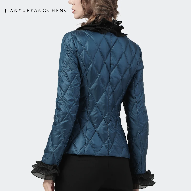 Short Women Down Jacket 2021 Winter New Peacock Blue White Duck Down Lightweight Warm Puffer Coat Fashion Ruffles Padded Jackets