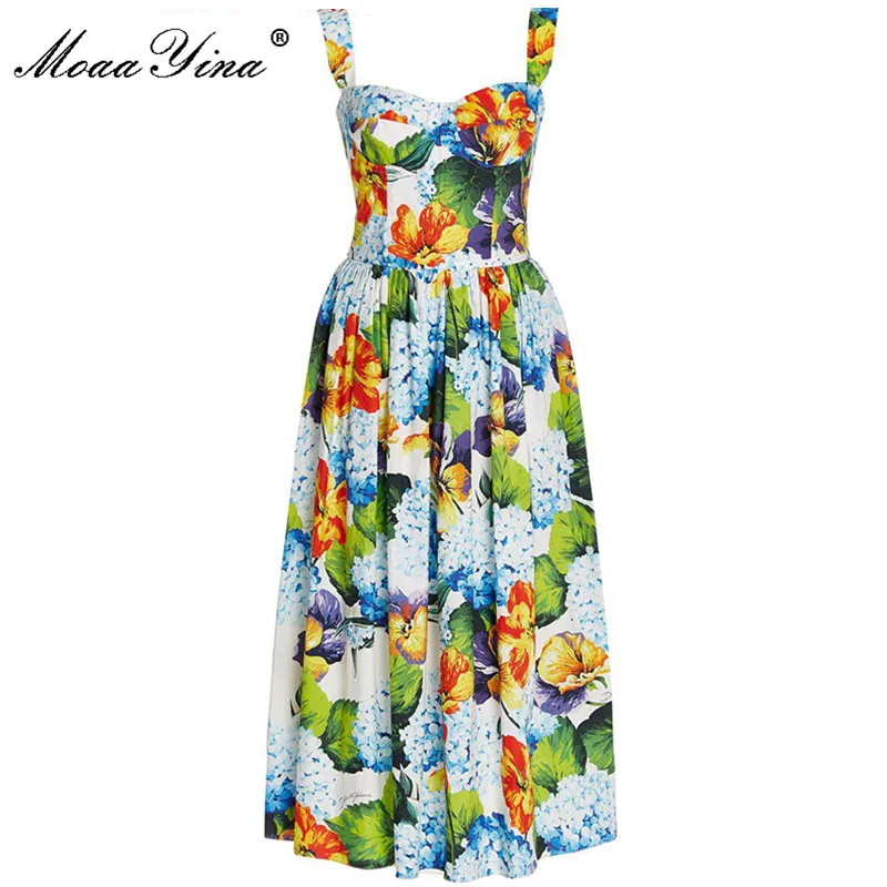 

MoaaYina Fashion Designer spring Dress Women Square collar Spaghetti Strap Flower print Bohemian Holiday Elegant Cotton Dress