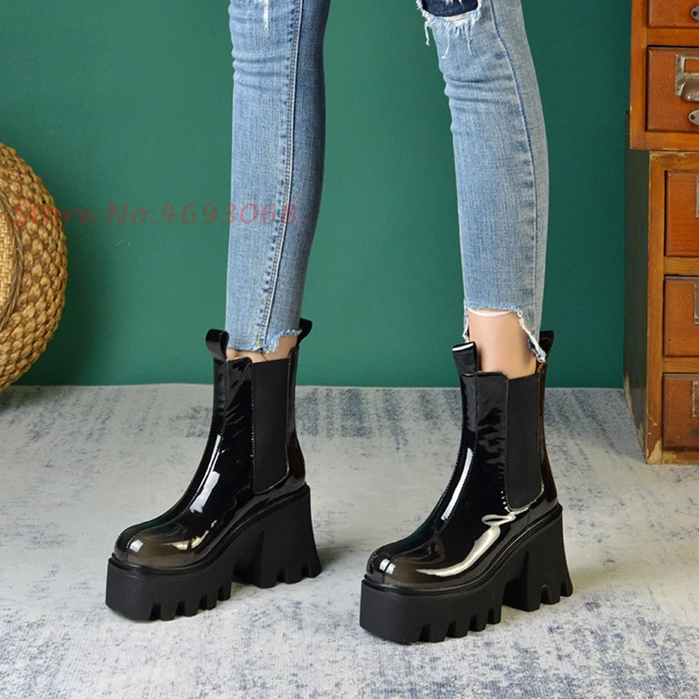 Retro Green-black Gradient Boots Med Block Heels Patchwork Platform Chelsea Booties 2022 Newest Sweing Shoes British Style Shoes