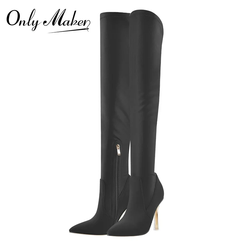 Onlymaker Women Over The Knee Boots Pointed Toe Black Satin Flock High Stretch Clear Metal High Heel Zipper Concise Sock Boots