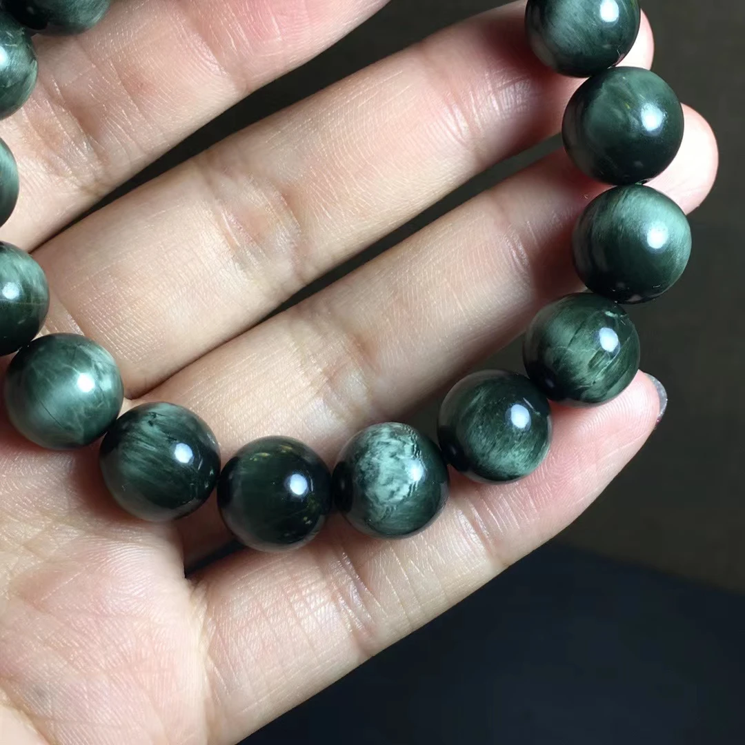 Natural Green Rutilated Quartz Cat Eye Bracelet 12mm Women Men Brazil Stretch Crystal Round Bead Bracelet AAAAAA