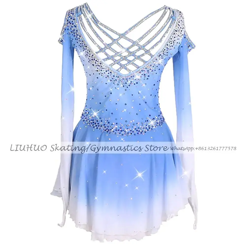 Ice Figure Skating Dress Girls Women Blue Gradient Ballroom Dance Skirt Kids Competition Rhythmic Gym Leotards Child