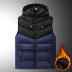 L-6XL Men Winter Vest Coats Fleece Lining Warm Thick Waistcoat Patchwork Design Hat Detachable Man Cotton Sleeveless Jacket