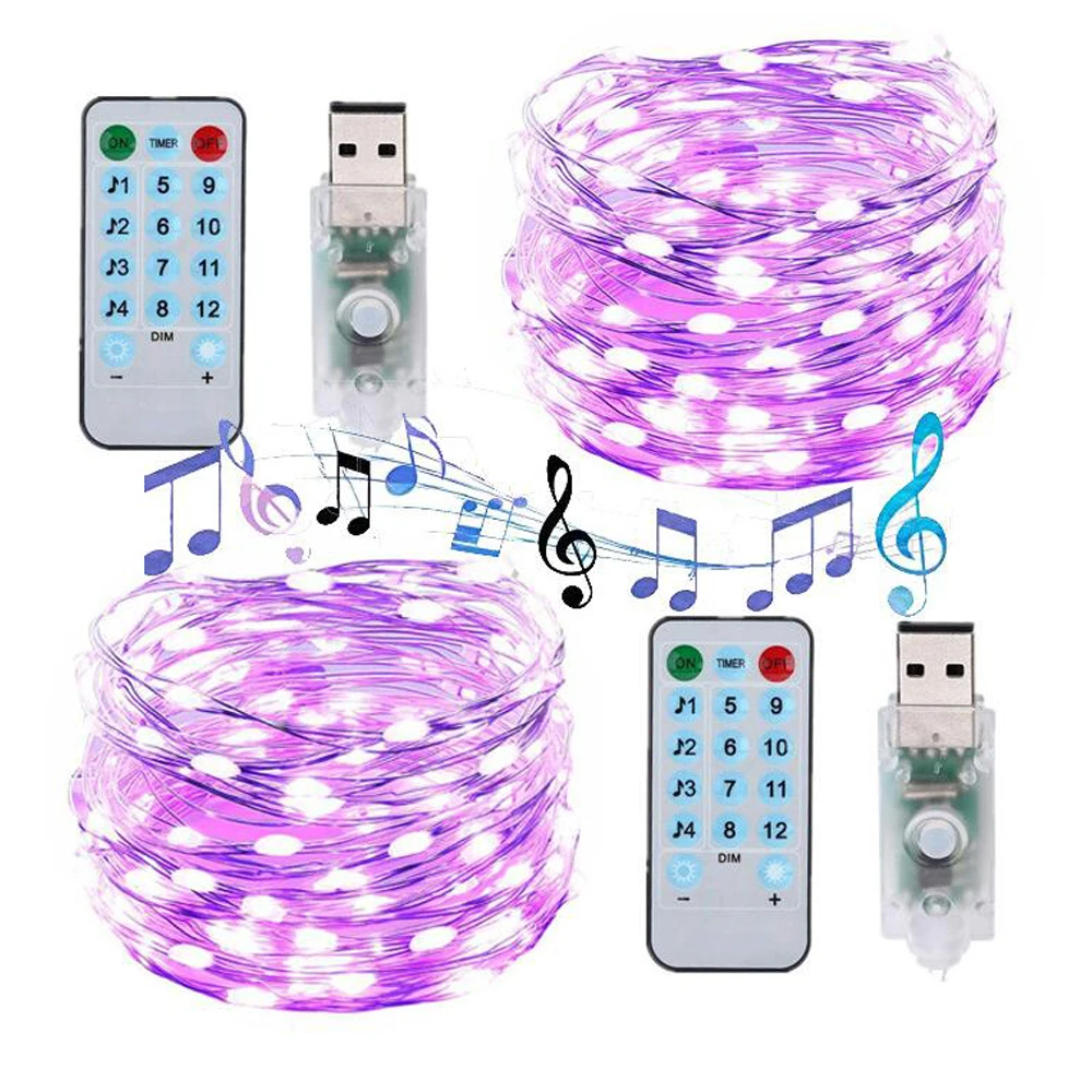 Guirnalda de luces de hadas con Control de sonido y música, cable de plata 100LED con Control remoto, funciona con batería/USB, 5M, 500LED/10M