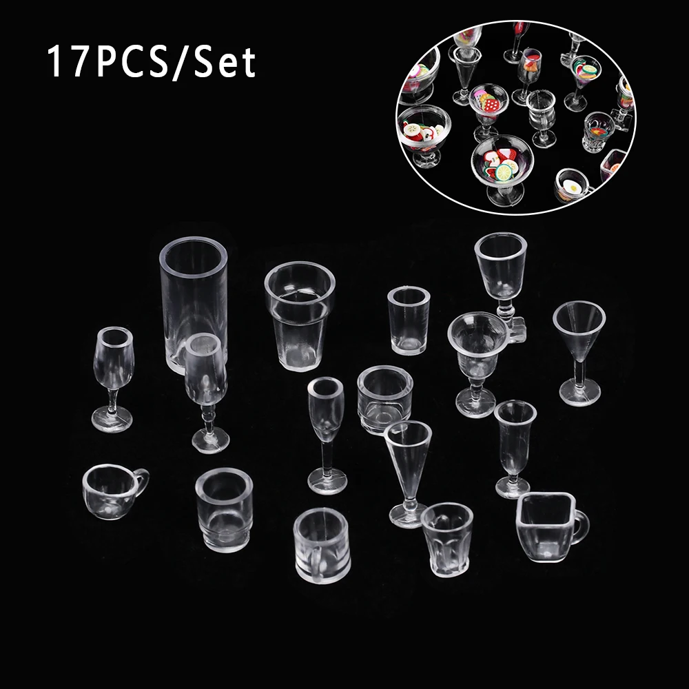 17PCS/Set Miniatures Goblet Mini Cup Ice Cream Bowl Transparent Simulation Tableware Plastic Model DIY Toy Dollhouse Accessories