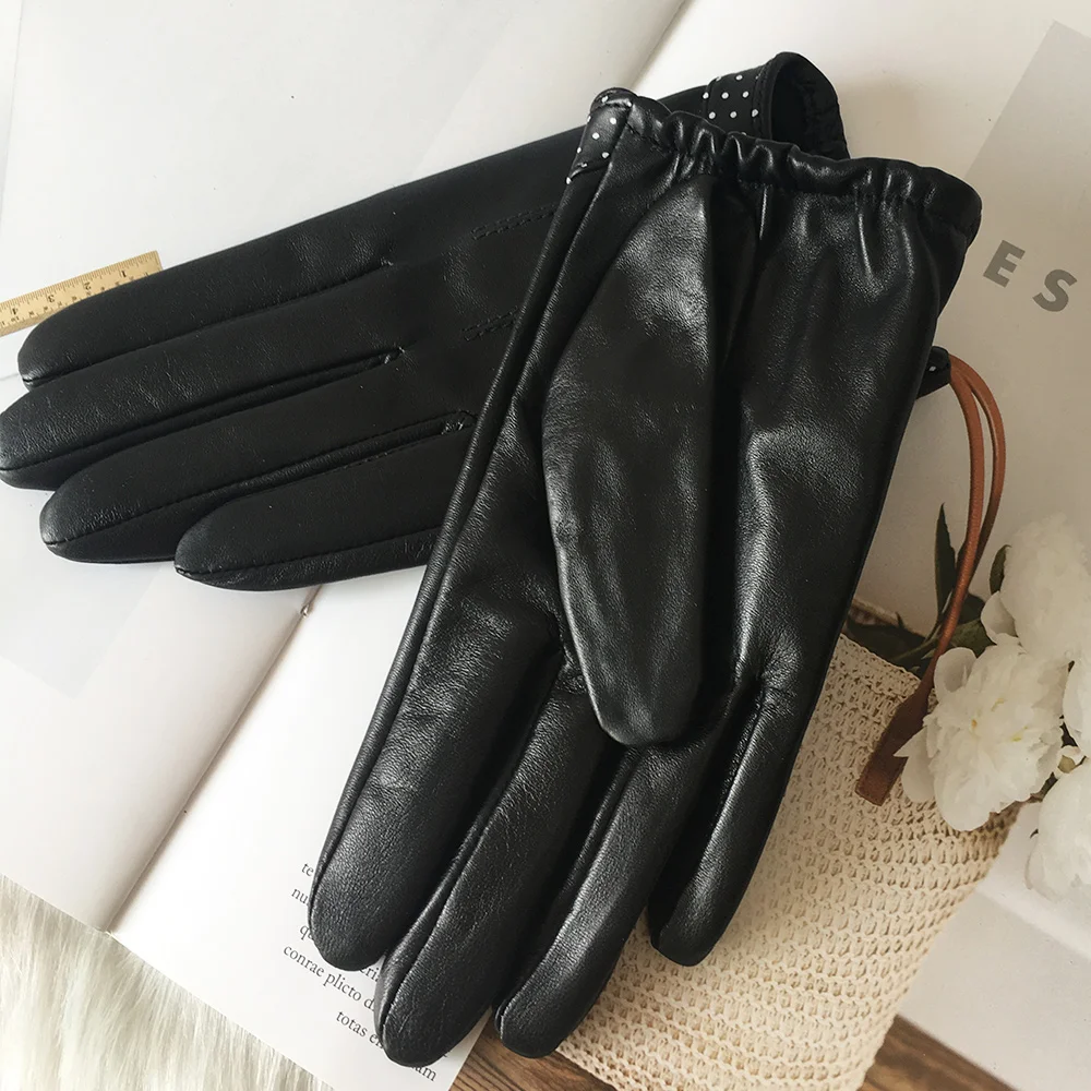 Women's Real Leather Gloves Touchscreen Warm Non-Slip Driving Sheepskin Butterfly Knot Design Thin L18015NN