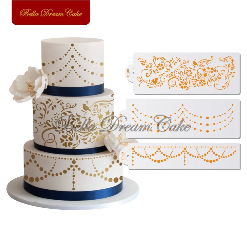 3pcs/set Flower&Pearl Wedding Cake Stencil PET Cake Border Stencils Template Lace Cake Mold Cake Decorating Tools Bakeware