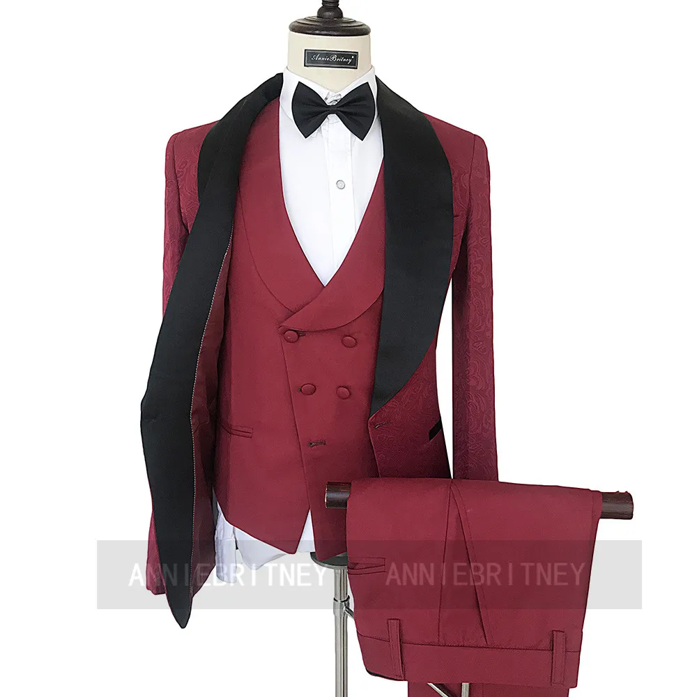 

Custom Made Bridegroom Marriage Wedding Suit Burgundy Jacquard Blazer Business Men Prom Party Tuxedo Jacket Vest Pants 3 Pieces