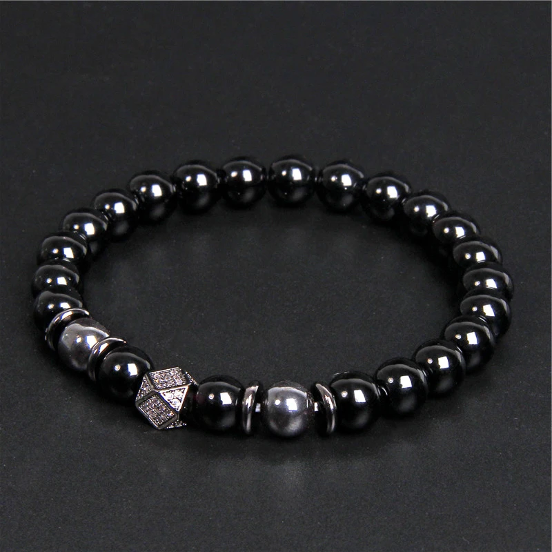 Handmade Men Bracelet Black Onyx Beads Bracelet Round Metal Ball Charm Yoga Healing Bracelet Energy Jewelry Homme Gifts Male