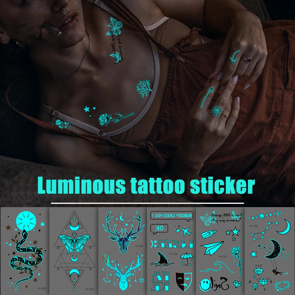 Fashion body tattoo sticker glow in the dark night snake butterfly heart flowers moon geometric design temporary tattoo RA093