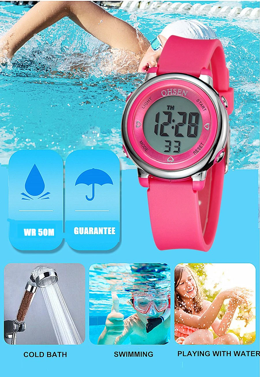 OHSEN Sport Kids Watches 50M Waterproof White Silicone Electronic Wristwatch Stopwatch Children Digital LED Watch For Boys Girls